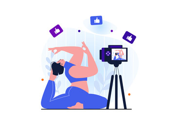 Women working modern flat concept for web banner design. Woman working as fitness bloggers and recording yoga workout video on camera for online blog. Vector illustration with isolated people scene