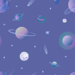 Vector flat seamless pattern background with space. Cute color template with planets. Drawings for a card, poster, printing on fabric or postcard 