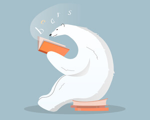 Cute polar bear reading book. Vector illustration. Drawings for a card, poster, printing on fabric or postcard
