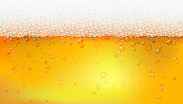 Foam and bubbles of light wheat made and amber colored beer, alcoholic beverages assortment and refreshing craft drinks. Vector background for advertisement banner or menu for pub, bar or restaurants