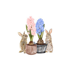 Easter bunnies near spring flowers