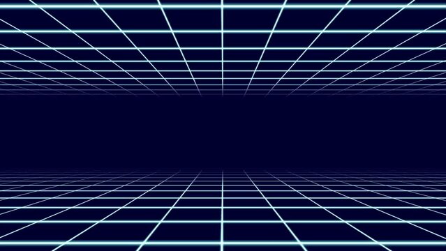 Animation of moving forward through neon grid floors and ceilings