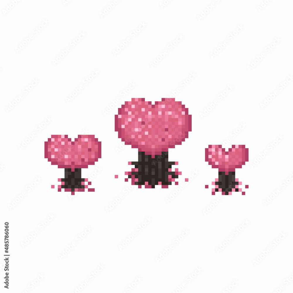 Wall mural pixel art set of pink heart tree.