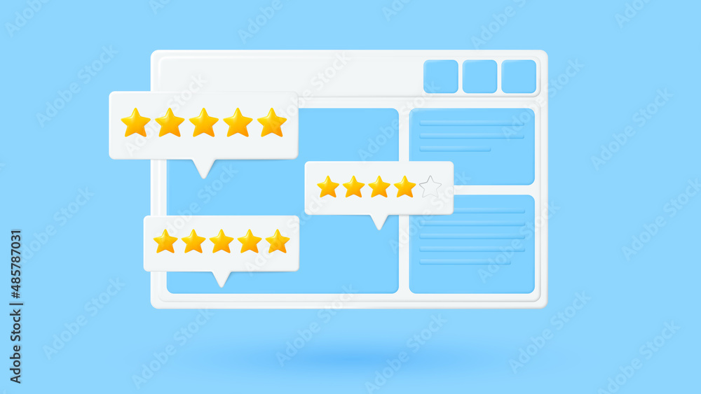 Poster web page with customer feedback. stars customer review 3d vector. website quality service client fee