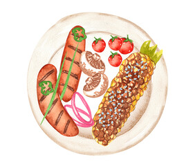 BBQ food. watercolor set of various objects for picnic, summer eating out and barbecue, meat and sauces on white background.
