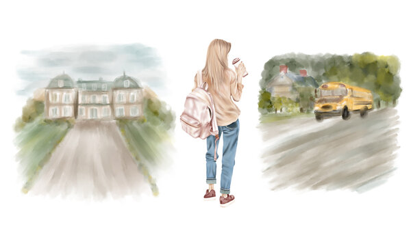 Girl with backpack and a cup. Two backgrounds