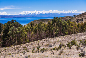 Fototapeta na wymiar Isla del Sol (Island of the Sun) with Cordillera Real behind, Lake Titicaca, Bolivia, South America