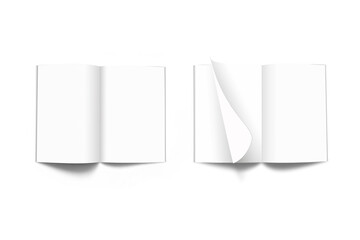 Mockup of brochure with fold. Blank mock up of booklet, menu and flyer. White paper of magazine. A4 mockup of leaflet. Template of twofold pamphlet isolated on white background. 3d rendering.