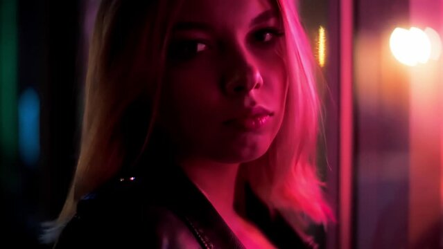 Stylish seductive blonde millennial fashion model stand on dark street in neon pink lights. Posing for a fashion magazine. Hair fluttering in the wind. Fashion photoset for a fashion magazine