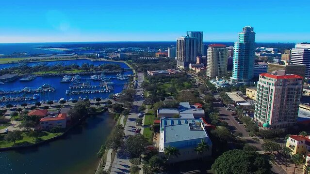 St Petersburg, Florida. Aerial view of city buildings and parks from drone on a sunny winter day
