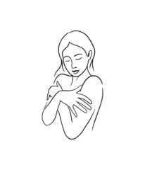 Beautiful line drawn woman gently hugging her shoulders, modern style isolated vector illustration
