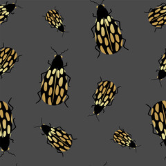 Gold and black beetles on a dark background with a seamless pattern. Vector illustration of a bug for the design of fabric, textiles, clothing, kimonos, men's shirts, packaging, wallpaper.