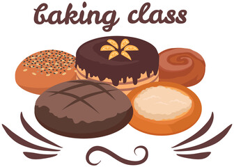 Baking masterclass emblem design with decorated pies, flour products. For cafe brand, cooking pastries poster. Bakery sign template, culinary school badge. Baking class inscription with buns and cakes