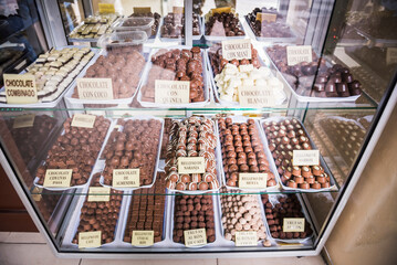 Chocolates in a chocolatier shop, Plaza 25 de Mayo (25 May Square), Sucre, Bolivia, South America