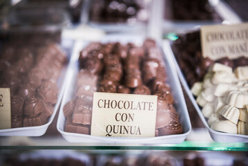 Quinoa Chocolates in a chocolatier shop, Plaza 25 de Mayo (25 May Square), Sucre, Bolivia, South...
