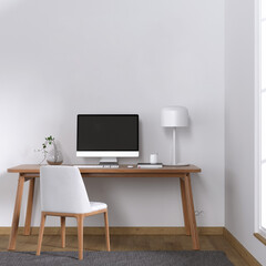 Workspace, screen computer, white frame, mock up wall, interior background, wooden office, 3d render
