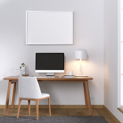 Workspace, screen computer, white frame, mock up wall, interior background, wooden office, 3d render
