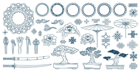 Asian doodles set. Asia culture symbols collection. Japanese traditional elements set. Samurai katana. Bonsai tree, peony flowers. Kimono ornament. © ADELART