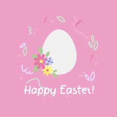Vector easter background with cute illustration with egg, flowers and hand drawn frame of little doodle elements on pink background for card or print. 