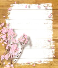 白いペンキを塗ったぬくもりのある色調の木目の板に桜の木の枝と花びらの散る壁紙背景素材