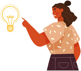 Woman creates new business idea, develops mental mindset. Female character points to huge light bulb. Creation of optimal solution, development of creative thinking, strategy planning concept