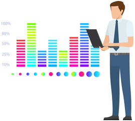 Man studies statistics on presentation. Male character working with report. Manager working and analyzing financial statistic. Male marketer examines information about metrics. Data screen with charts