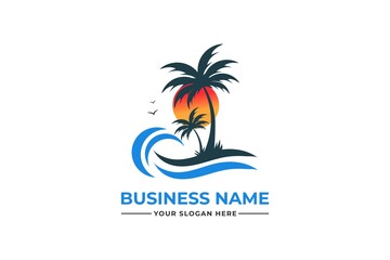 palm tree logo. sea beach logo design. nature logo design. sea logo design with a plum tree. coconut tree with sea logo	