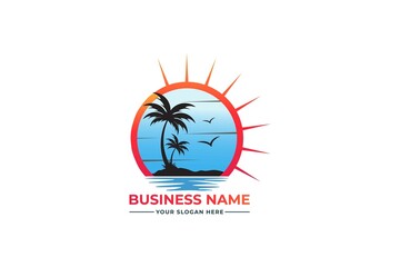 palm tree logo. sea beach logo design. nature logo design. sea logo design with a plum tree. coconut tree with sea logo	