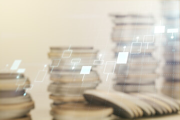 Double exposure of virtual creative financial diagram on growing coins stacks background, banking and accounting concept