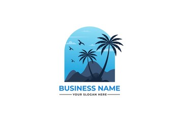 palm tree logo. sea beach logo design. nature logo design. sea logo design with a plum tree. coconut tree with sea logo	