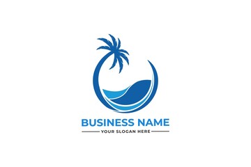 palm tree logo. sea beach logo design. nature logo design. sea logo design with a plum tree. coconut tree with sea logo	