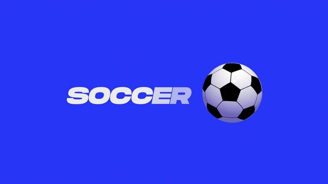kick the ball, blue solid background, with motion blur and fade in character with text – soccer. 2d animation intro for television or blog