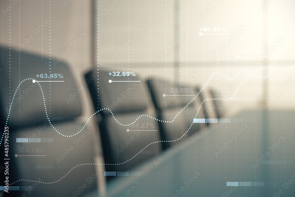 Poster multi exposure of abstract statistics data hologram interface on a modern furnished office interior 