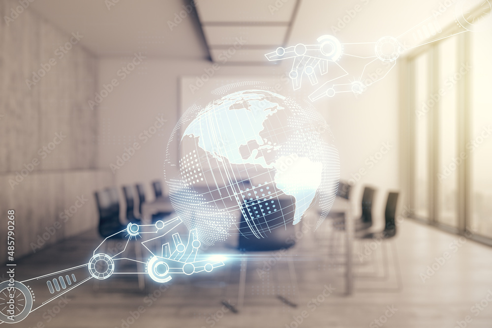 Aufkleber abstract virtual robotics technology hologram with globe sketch on a modern conference room backgrou