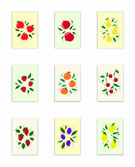 Fototapeta na wymiar Hand drawn cards with with fruits, berries. Set of posters with apple, orange, pomegranate, pear, raspberry, plum, cherry, strawberry and lemon. Vector illustration. Trendy summer backgrounds