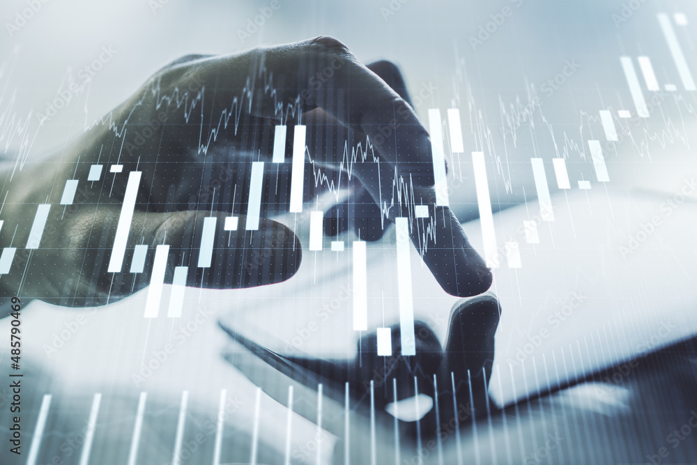 Poster multi exposure of abstract financial graph and hand working with a digital tablet on background, fin