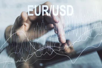 Foto op Aluminium Creative concept of EURO USD financial chart illustration and finger clicks on a digital tablet on background. Trading and currency concept. Multiexposure © Pixels Hunter