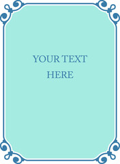 Vector frame. Banner, award, menu or book cover title page. Vintage beautiful border ready to cut. Vertical, baby blue colour