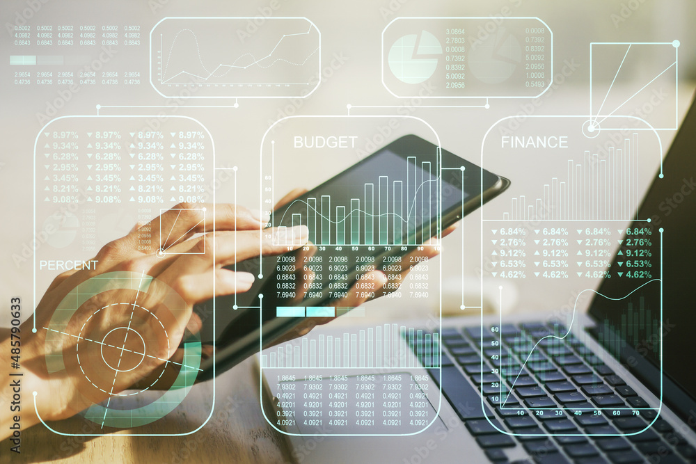Poster multi exposure of stats data illustration with finger presses on a digital tablet on background, com
