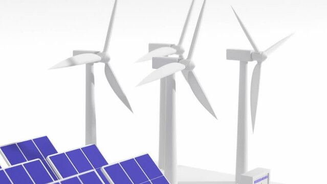 Isometric wind turbines and solar panels with battery bank, inverter or controller, angle view close up. Renewable energy sources, backup power energy storage system, eco green city, 3d animation
