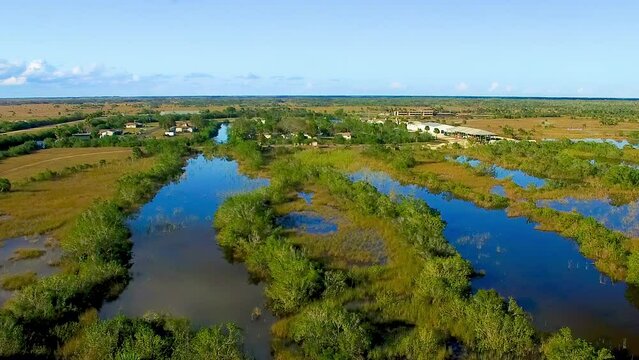 Everglades National Park, Florida. Aerial view of swamp and sky at sunset from drone