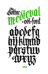 Gothic alphabet. Medieval latin white letters on a black background. Elegant font for tattoo design. Ancient European style. Old fancy font.