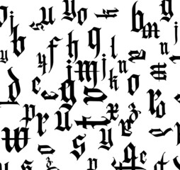 Fototapeta na wymiar Gothic font, composition. Medieval Latin letters. Random letters in random order. Black letters isolated on white background. Design for fabric and packaging.