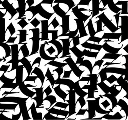 Pattern, ornament in the Gothic style.Alphabet. Medieval latin black letters on a white background. Calligraphy and lettering. Design for fabric and packaging. All letters are isolated. 