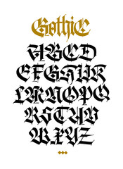 Gothic.  Capital letters on a white background. Stylish calligraphy. Elegant european font for design. Medieval modern style. Font for fabric, packaging and streetwear.