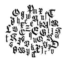 Naklejka premium Pattern, ornament in the Gothic style. Alphabet. Symbols are black on a white background. Calligraphy and lettering. Medieval Latin letters. Logo for the company. Set. Elegant font for tattoo.