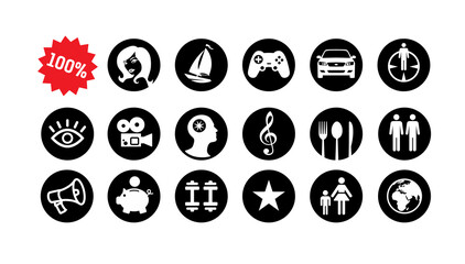 Set of icons, material values and consumer goods.  Dreams, lifestyles and hobbies. The card of the desires of a man. Silhouette flat style. Signs and symbols for design.