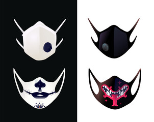 Respirators, filter medical protective masks. Protection against covid and contagious diseases. Masks with decorative patterns and graphic elements. Wearing protective masks is mandatory.