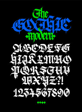 Modern Gothic, full English alphabet. Medieval latin capital letters. Signs and symbols for design. Ancient European style. Calligraphy and lettering. Gothic figures.
