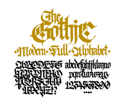 Gothic, English alphabet. Medieval latin trendy letters. Signs and symbols for tattoos. Ancient European style. Calligraphy and lettering. Complete alphabet. Modern style.